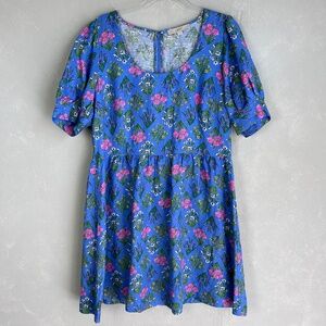 LOFT size 10 U neck puff sleeve short dress fit & flare blue floral linen blend